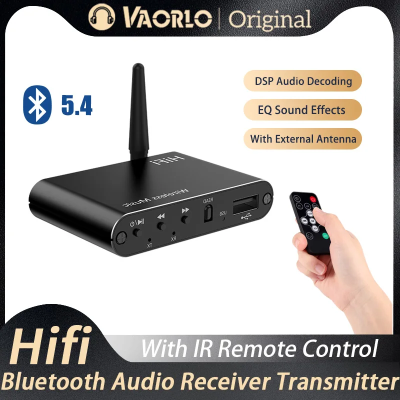 VAORLO pemancar penerima Audio Bluetooth 5.4, adaptor musik Stereo nirkabel Aux 3.5mm dengan Remote kontrol IR