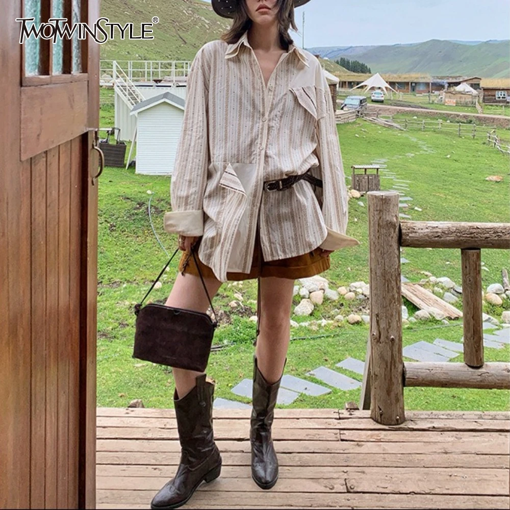 

TWOTWINSTYLE Apricot Spliced Striped Basics Shirt Female Lapel Long Sleeve Irregular Women's Shirts Summer Style Fashion New
