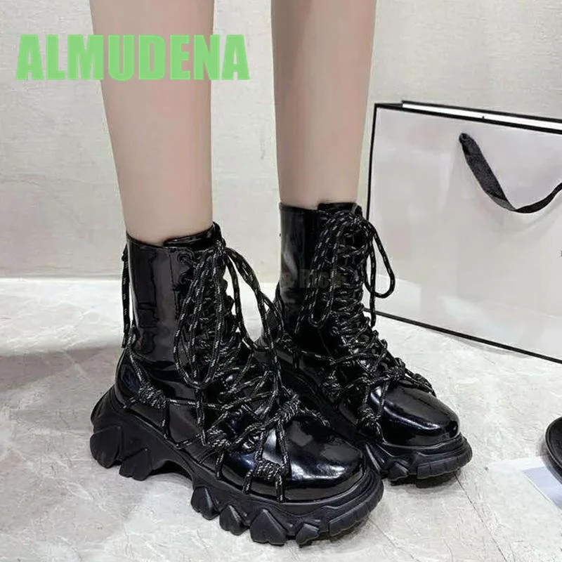 

Black Women's Short Boots for Summer Thin and Thick Soled Shoes Height Increasing and Slimming Lace Up Design Mid Length Boots