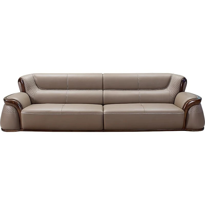 new Chinese straight row three-person solid wood high-end large living room villa simple first layer cowhide