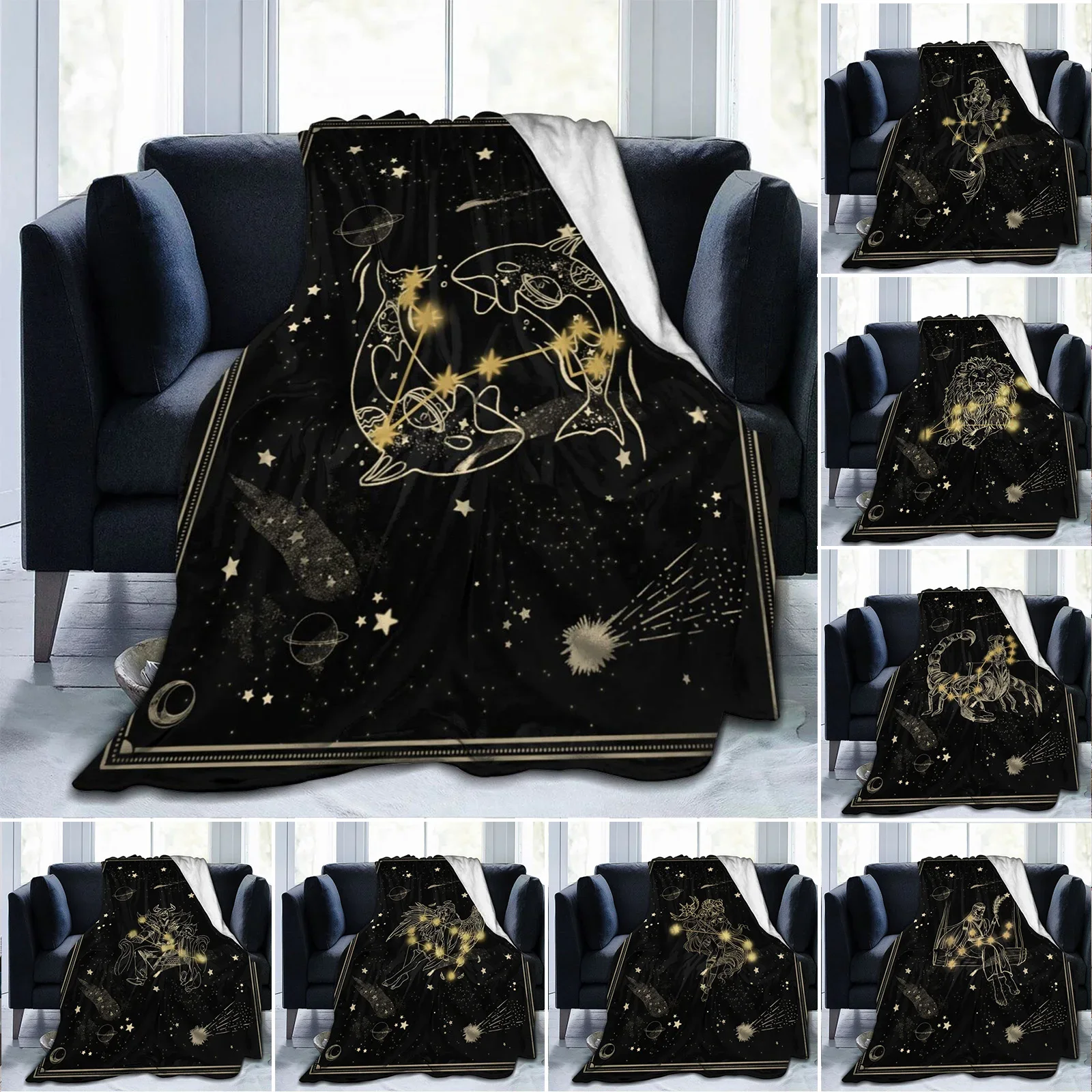 Twelve Constellation Throw Blanket Flannel Fleece Blanket for Couch Bed Sofa Travelling Camping for Kids Adults Gift King Size