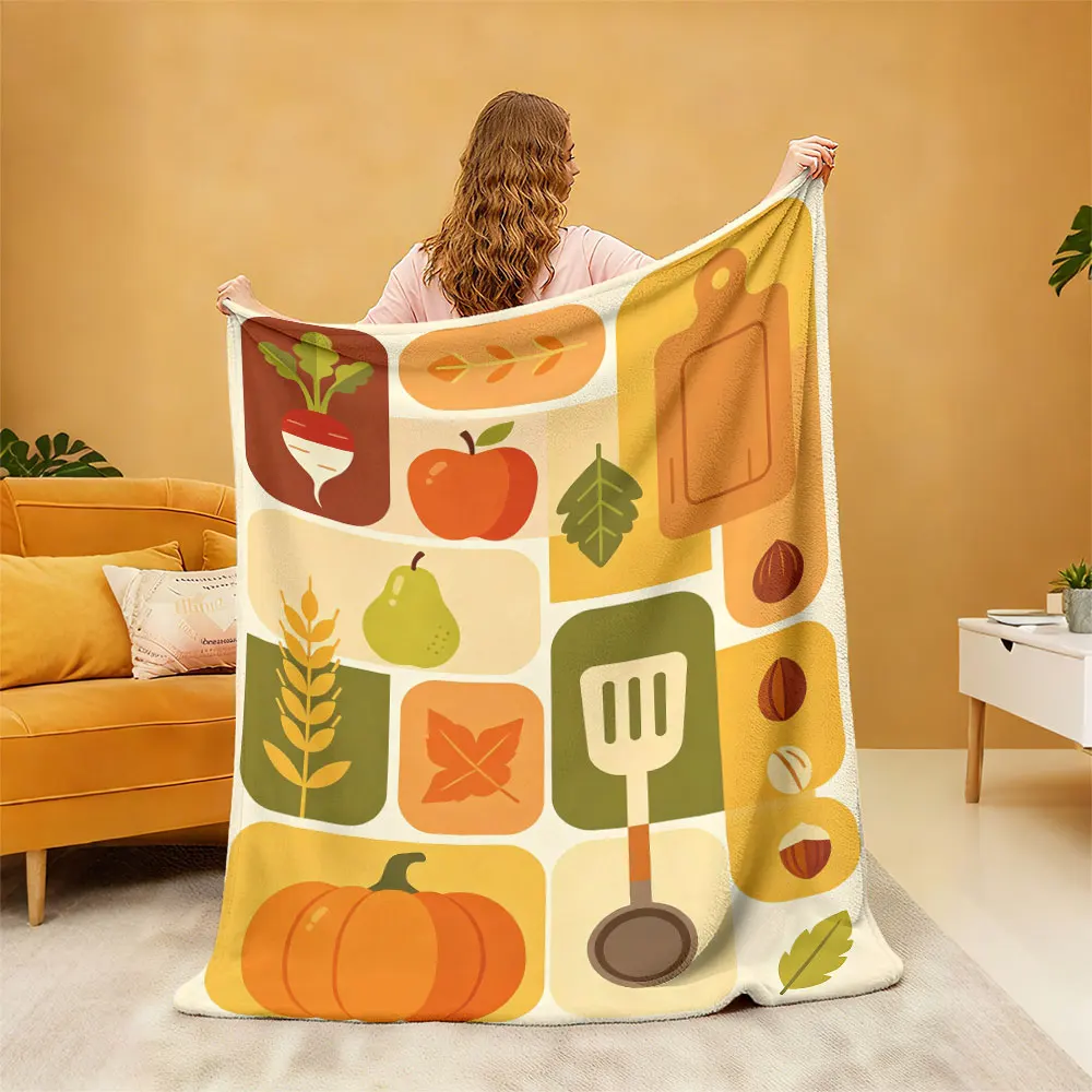 Retro Fruit Vegetable Kitchenware Patchwork Flannel Blanket Multi Size Soft Sofa Cover Lightweight Nap Blanket For Office Res