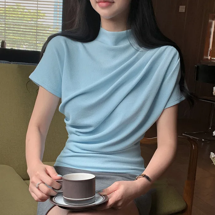 

South korea Dongdaemun 2024 Summer New Elegant French sle Oblique Pile Pleat Small Turtleneck Slimming Short sleeve Top