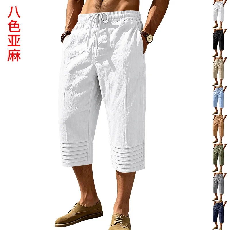Men's Cotton Linen Shorts Pants Summer Breathable Solid Color Streetwear Fitness Trousers Male Casual Outerwear