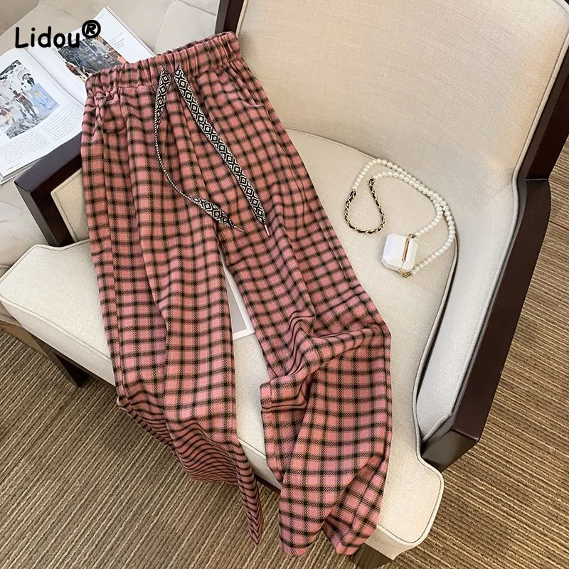 

Korean Casual Plaid Wide Leg Pants Female High Waist Fashion Summer Loose All-match Pockets Drawstring Trousers Womens Clothing