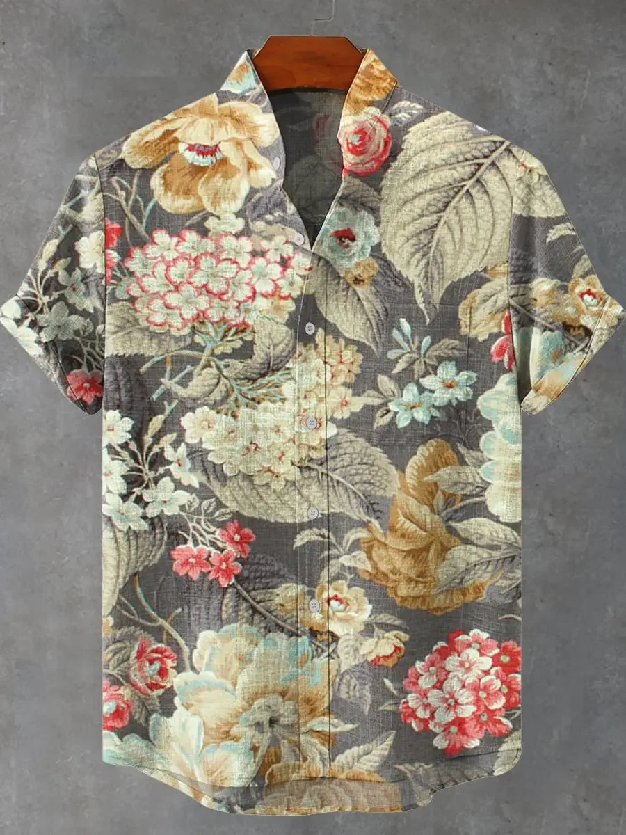 New men's short sleeved shirt with linen pattern, fashionable 3D flower print art, high-quality shirt