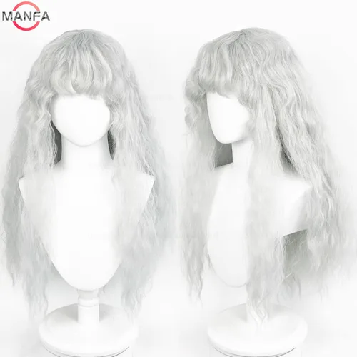 Peluca de Cosplay Griffith, pelucas de pelo sintético largo ondulado y rizado gris claro, resistentes al calor + gorro de peluca