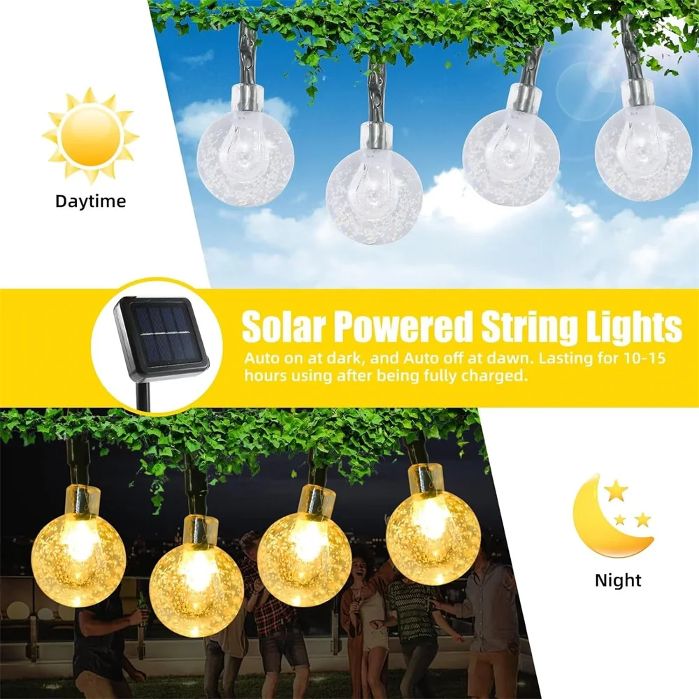 Guirnalda de luces LED solares para exteriores, luces colgantes solares de cristal, impermeables, 8 modos, para Patio y jardín, 200, 334