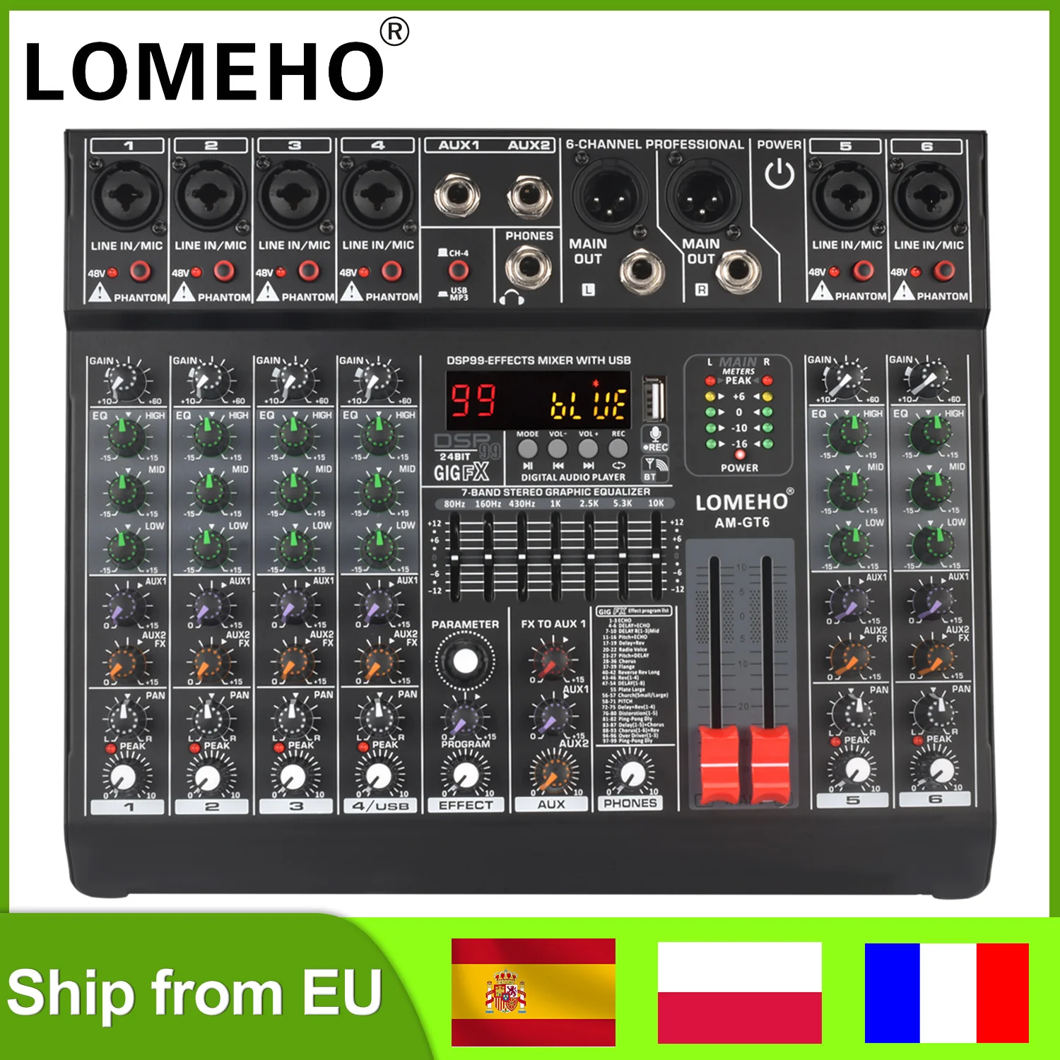 LOMEHO 6 Mono Channels Mixing Console 99 Digital Effects Bluetooth USB PC Sound Audio Mixer with 48V for Karaoke Church AM-GT6