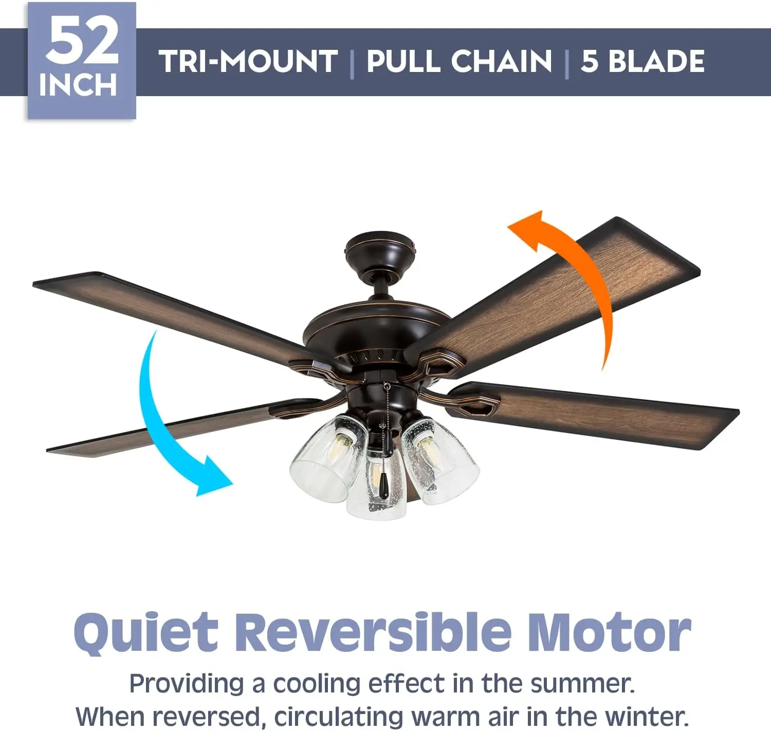 Glenmont, 52 Inch Farmhouse LED Ceiling Fan with Light, Pull Chain, Three Mounting Options, Dual Finish Blades