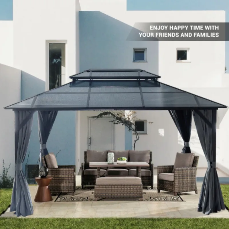 10'x13' Hardtop Gazebo, Outdoor Polycarbonate Double Roof Canopy, Aluminum Frame Permanent Pavilion with Curtains and Netting, S