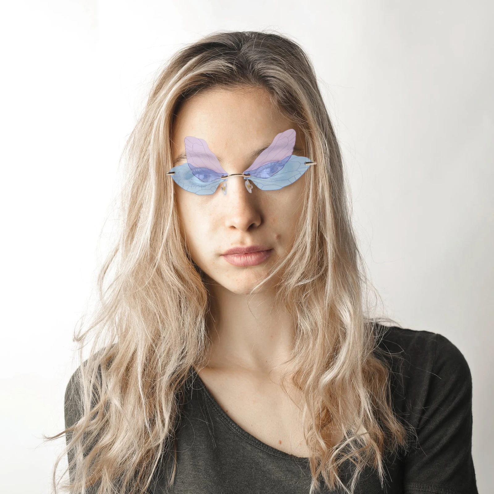

Dragonfly Wing Sunglasses Blue Brown Frameless Rimless Irregular Wing Shaped Glasses Metal PC Material Durable Practical Party