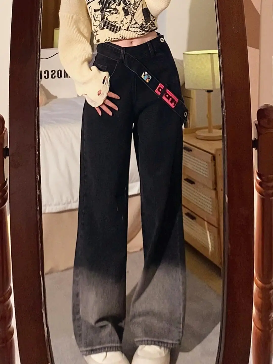 

Джинсы с широкими штанинами на молнии сбоку, женские брюки прямого кроя с высокой талией в стиле ретро, американские уличные осенне-зимние брюки