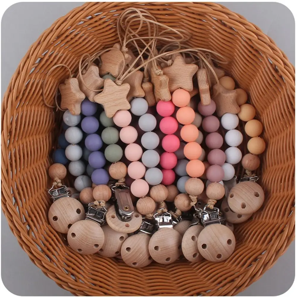 Pacifier Clips Chain Silicone Beads BPA Free DIY Dummy Clip Holder Star Wooden Clip Soother Chains Baby Teething Toys Chew Gifts