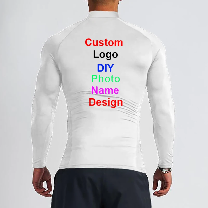 Customized DIY Brand Logo Turtleneck Quick Dry Gym T Shirt Men Fitness Skinny Long Sleeve T-shirt Sports TShirt Tight Clothing