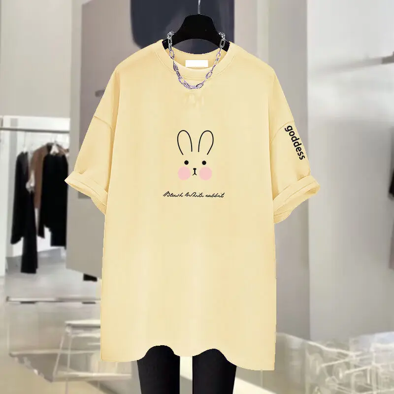 Women Clothing Cartoon Printing Cotton Basic T-shirts Summer Casual Loose O-neck Short Sleeve Tees Kawaii Rabbit Expression Top