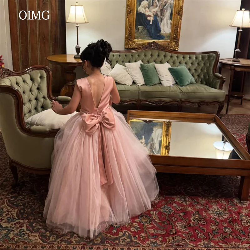 

OIMG Blush Pink A Line Flower Girl Dresses Pearl Waist Bow Back Wedding Party Gown Floor Length Birthday Dress niña Customized