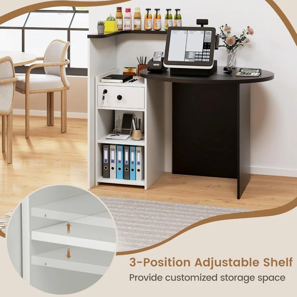Reception Desk, Small Retail Checkout Counter with Lockable Drawer and Open Shelves, Wooden Computer Workstation for Home Office