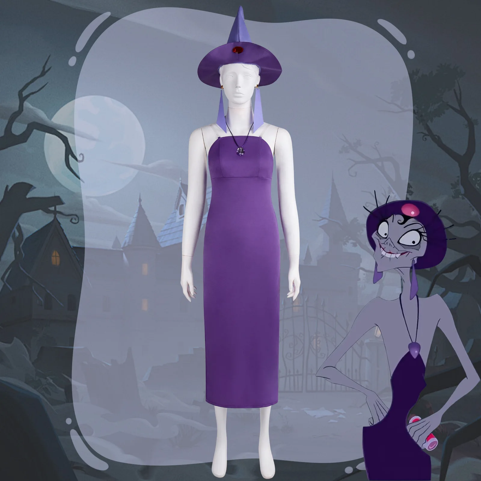 

Костюм для косплея Императора и Злой Измы из «Новой Грувв-сказки», фиолетовое платье, шляпа, серьги, женский костюм для Хэллоуина, ролевых игр