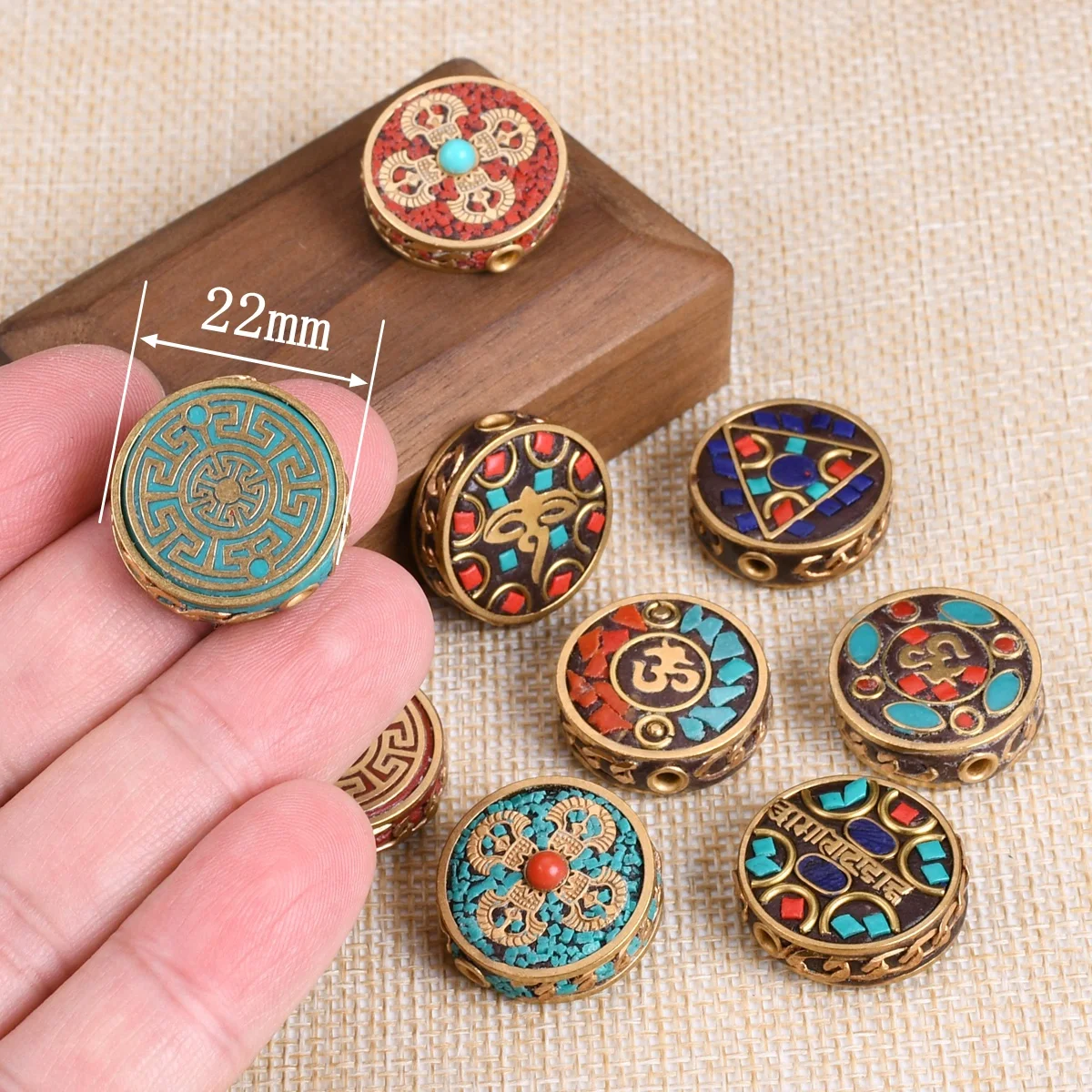 Nepalese Buddhist Handmade Flat Round 22mm Tibetan Brass Metal & Clay Loose Craft Beads for Jewelry Making DIY Necklace