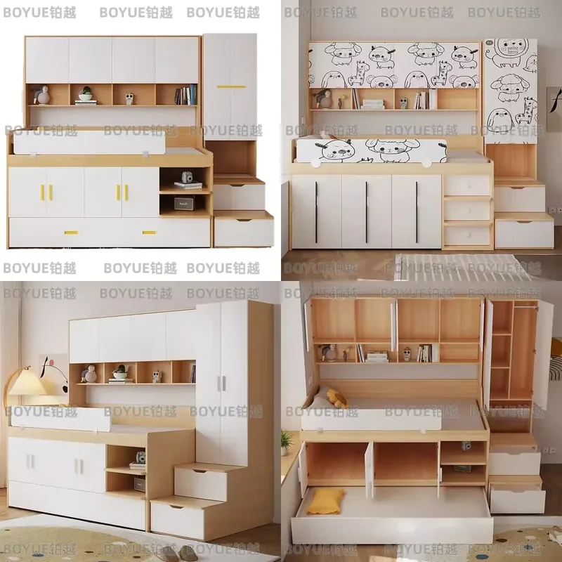 Multifunctional Loft Bed with Wardrobe and Desk Space Saving Kids Bedroom Furniture Half High Bunk for Boys Girls Small