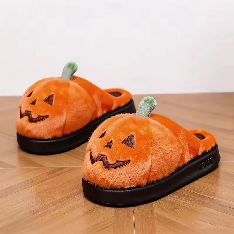Halloween Plush Slippers Women Home 3D Pumpkin Winter Platform Mules Shoes Non-Slip Indoor Fuzzy Fur Slides Unisex Holiday Party