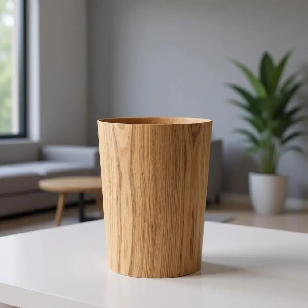 

Japanese-Style Natural Wood Round Wastebasket, Lightweight and Sturdy for Home or Office, Suitable for Various Rooms (Light Wood