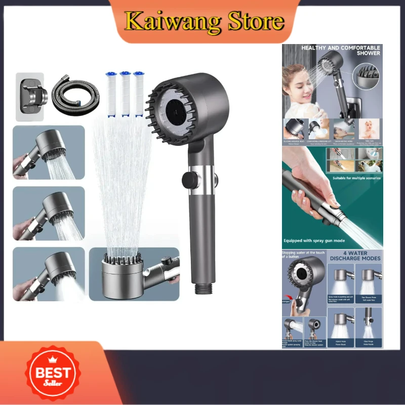 

High-pressure shower head with switch massage function and multiple modes includes a 1.5-meter hose and bracket removes chlorine