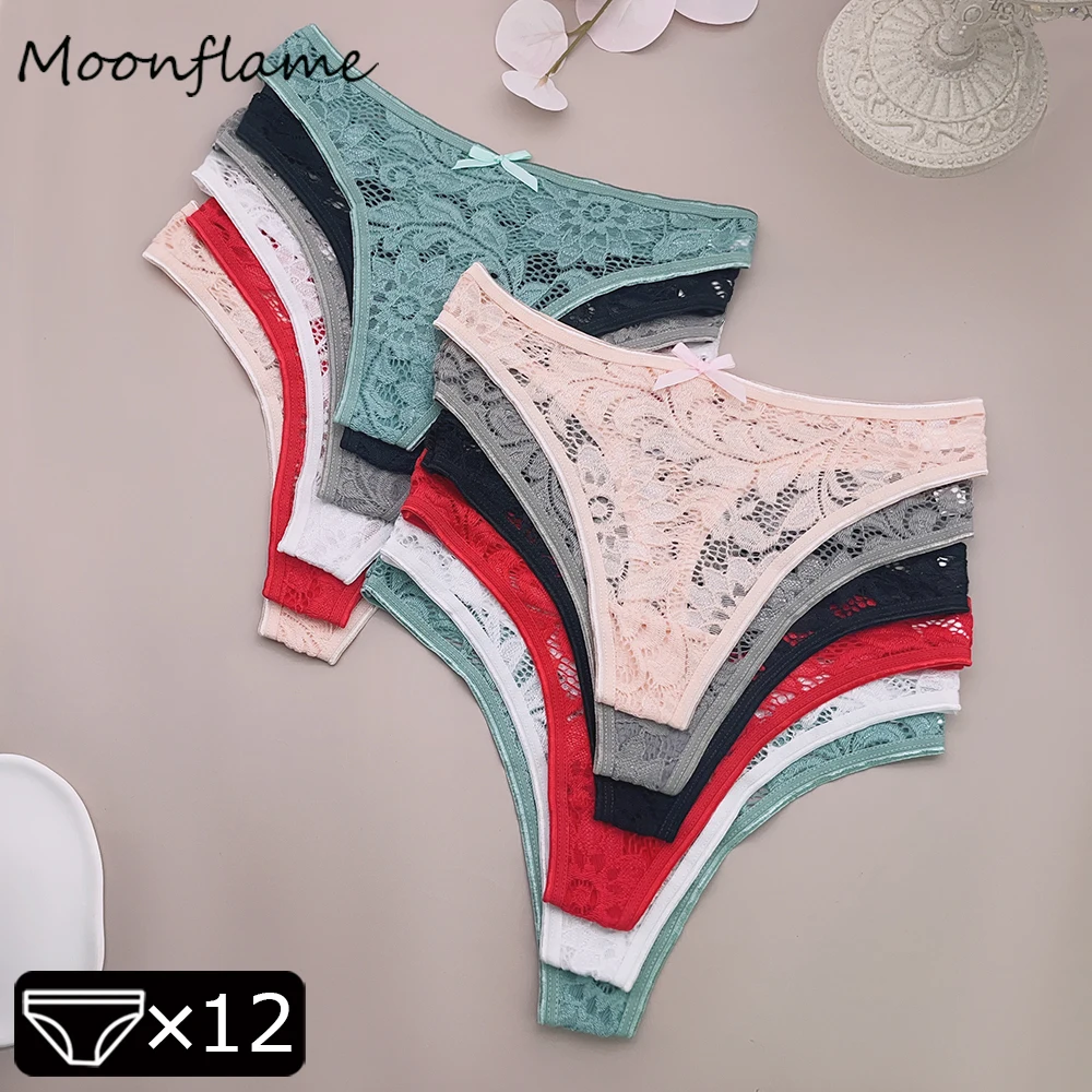 

Moonflame 12 Pcs/Set Lace Underwear Women's Panties Sexy Low-Waist Breathable Thongs Female Floral G-strings Lingerie T-Back