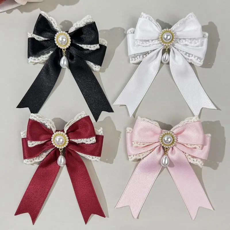 

Sweet Pearl Lace Bow Hair Clip, High-End Feminine Hair Accessory with Satin, Lolita Style & Multi-Color, Back Headwear