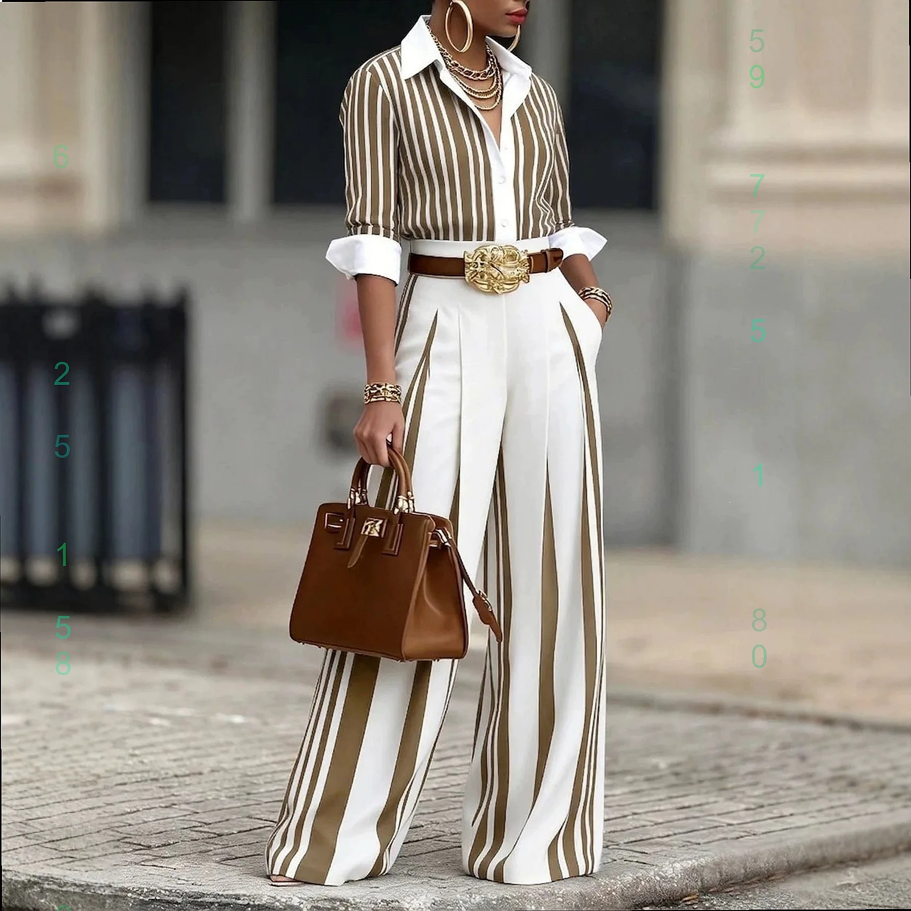 Striped Print Color Block Shirt Blouse Top Matching Set with Belt Spring Summer