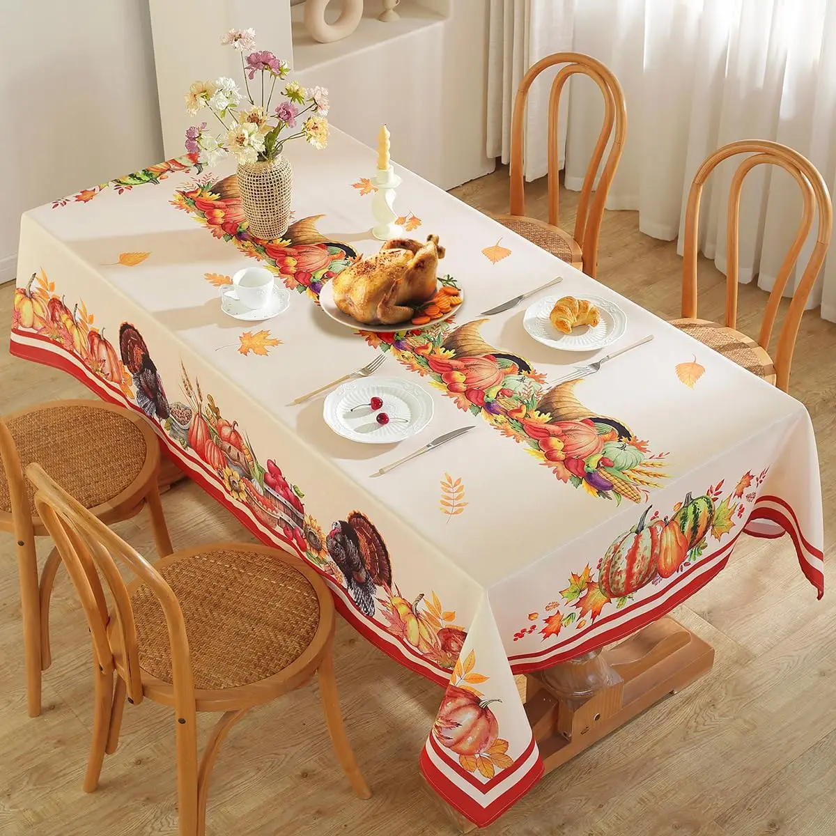 Fall Thanksgiving Waterproof Tablecloths for Table Decor Autumn Turkey Pumpkins Printed Table Cloth Holiday Party Wedding Decor