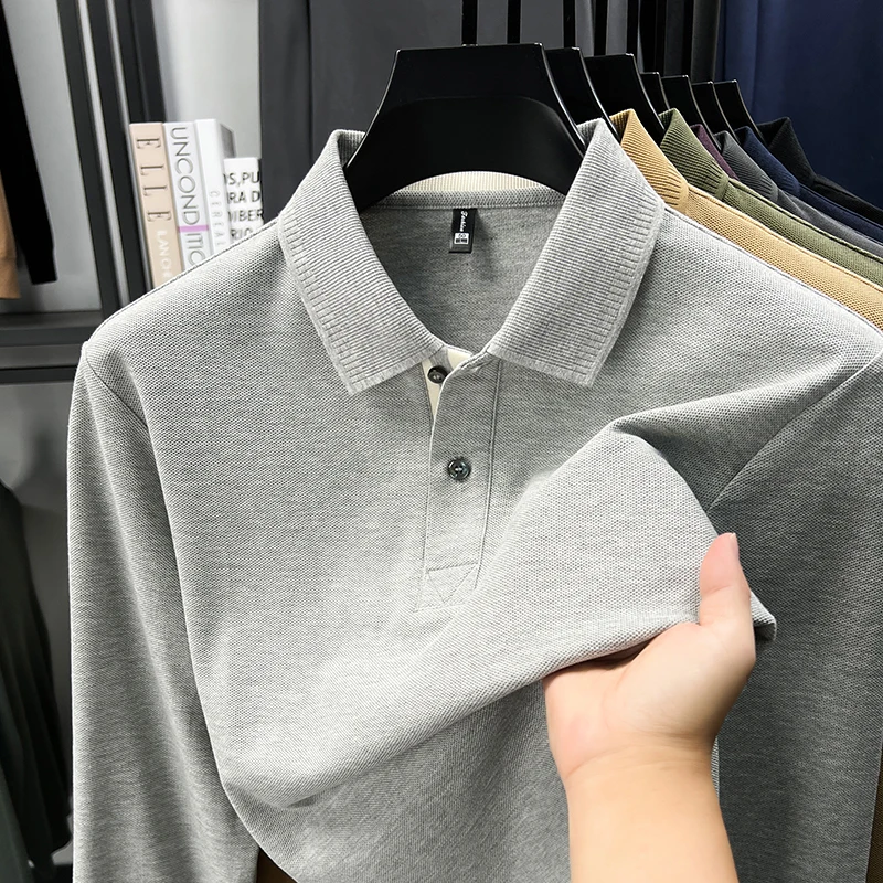

100% cotton luxury long sleeve polo shirt premium classic solid color versatile T-shirt spring autumn business casual men's wear