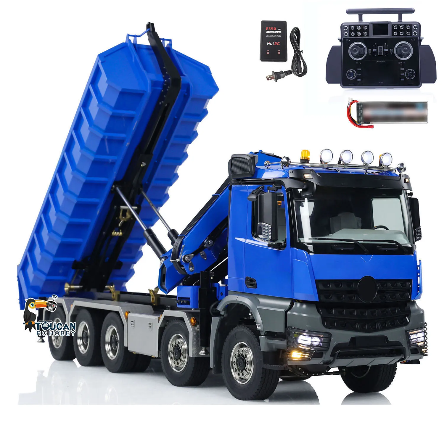 10x10 1/14 Dumper Car RC Hydraulic Full-dump Crane Truck 3-speed Transmission Light Sound Tandem XE Remote Control Model Toy