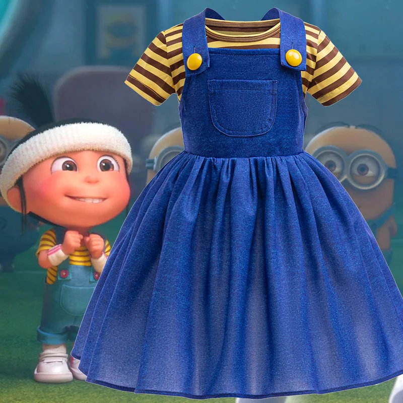 

MINISO Minions Cosplay Costume Halloween New Children's Dresses Striped Stage Performance Party Clothes Short Sleeve 3-10 Years
