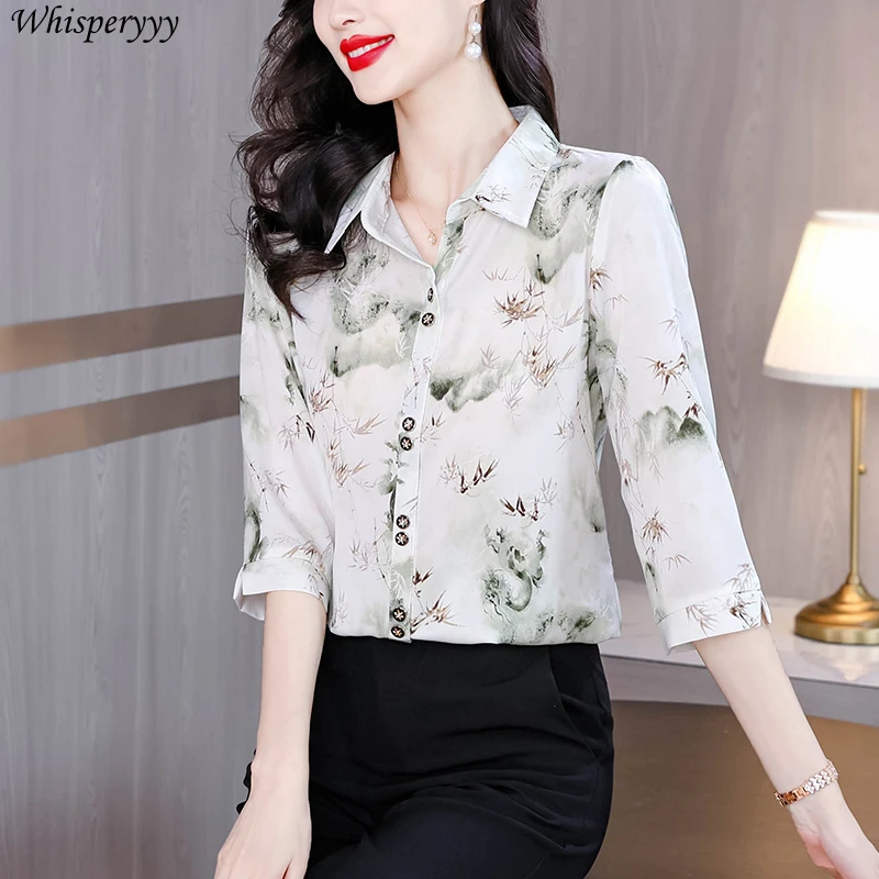 Fashion Chiffon Shirt Women Thin Loose Three Quarter Sleeve Printed Tops Casual Single-breasted Turn-down Collar Blouse Femme