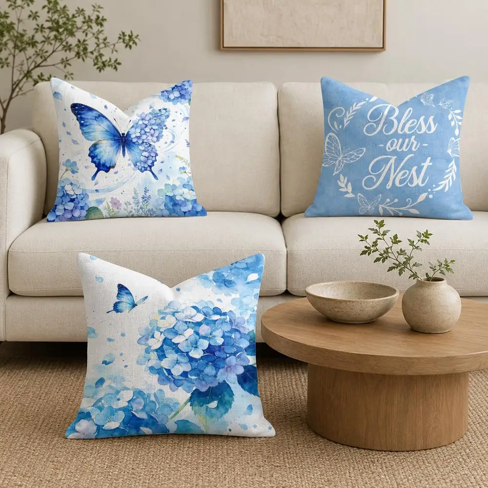Blue Watercolor Hydrangea Cushion Cover Natural Linen Organic Fabric Double-Sided Printing Sofa Home Decor Gift Pillow Cover