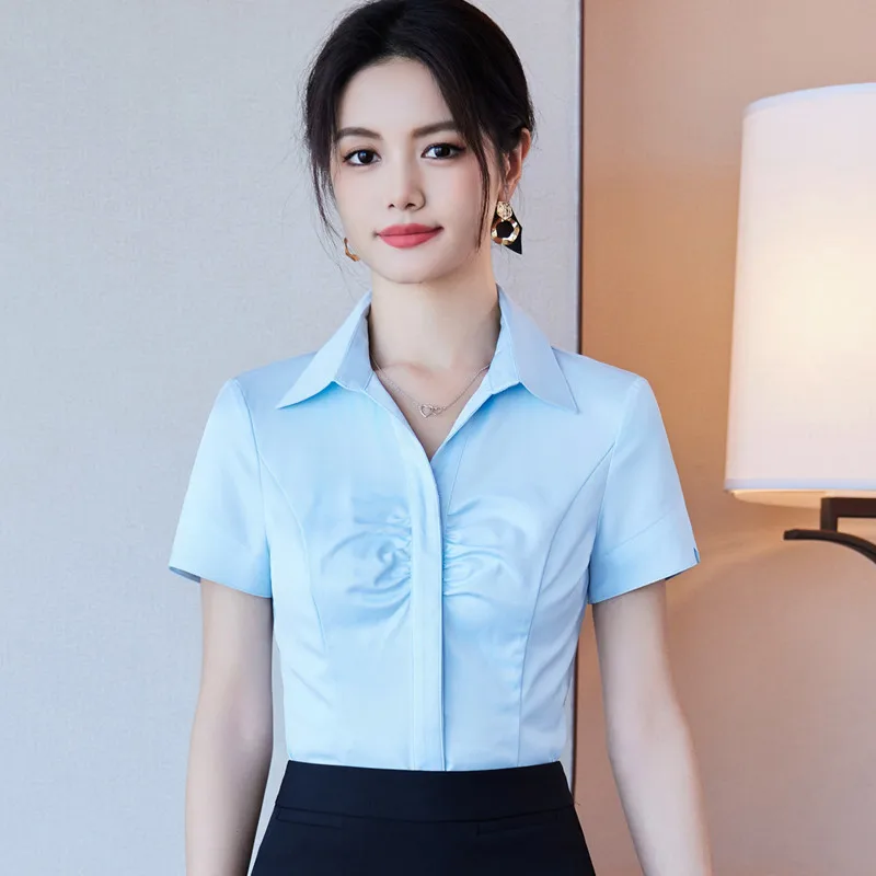 NAVIU Blue Shirt For Women New Summer Temperament Formal Short Sleeve Slim White Blouses Office Ladies Work Tops