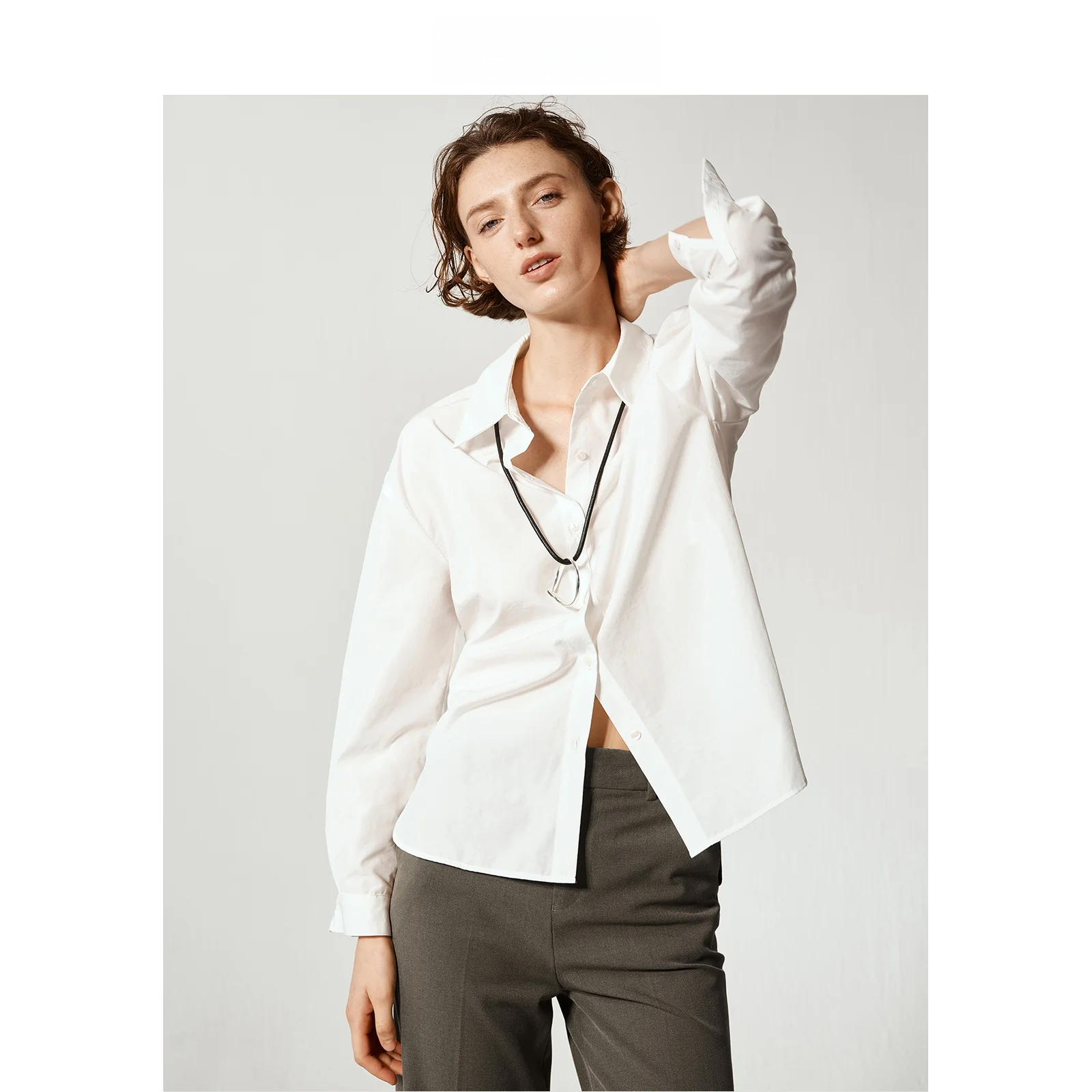 

LeLenth Women's Long Sve irt Casual Loose Fit Micro Crease oulder Drop Small Collar Slimming Effect Versatile Layering