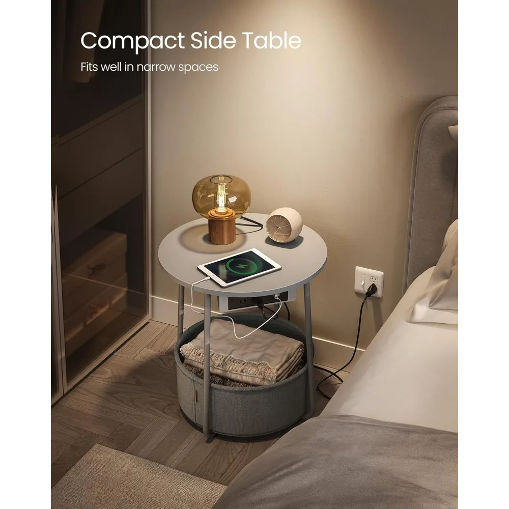 Side Table with Charging Station, Round End Table With Fabric Basket, Nightstand with Power Outlets USB Ports, for Living Room