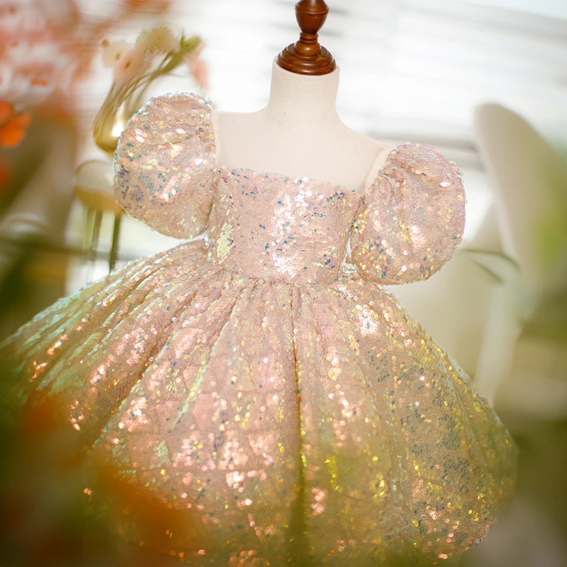 Toddler Girls Party Birthday Sequin Dresses for Pageant Short Evening Gowns Kids Princess Champagne Luxury Gala Dress Children