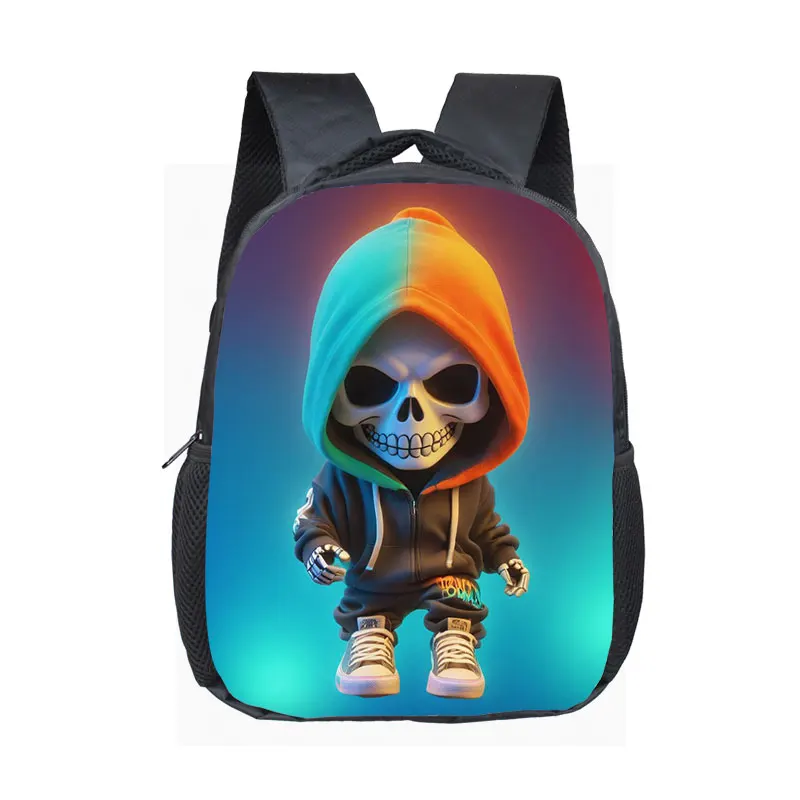 Mochila con estampado de esqueleto Hip Pop de 12 pulgadas para 2-4 años, mochilas escolares para niños de guardería
