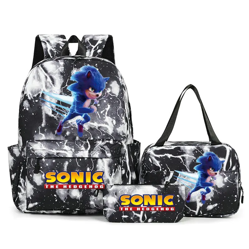 Sonic Print School Backpack Set for Girls Casual Lightweight Student Bookbag with Lunch Bag Pencil Case