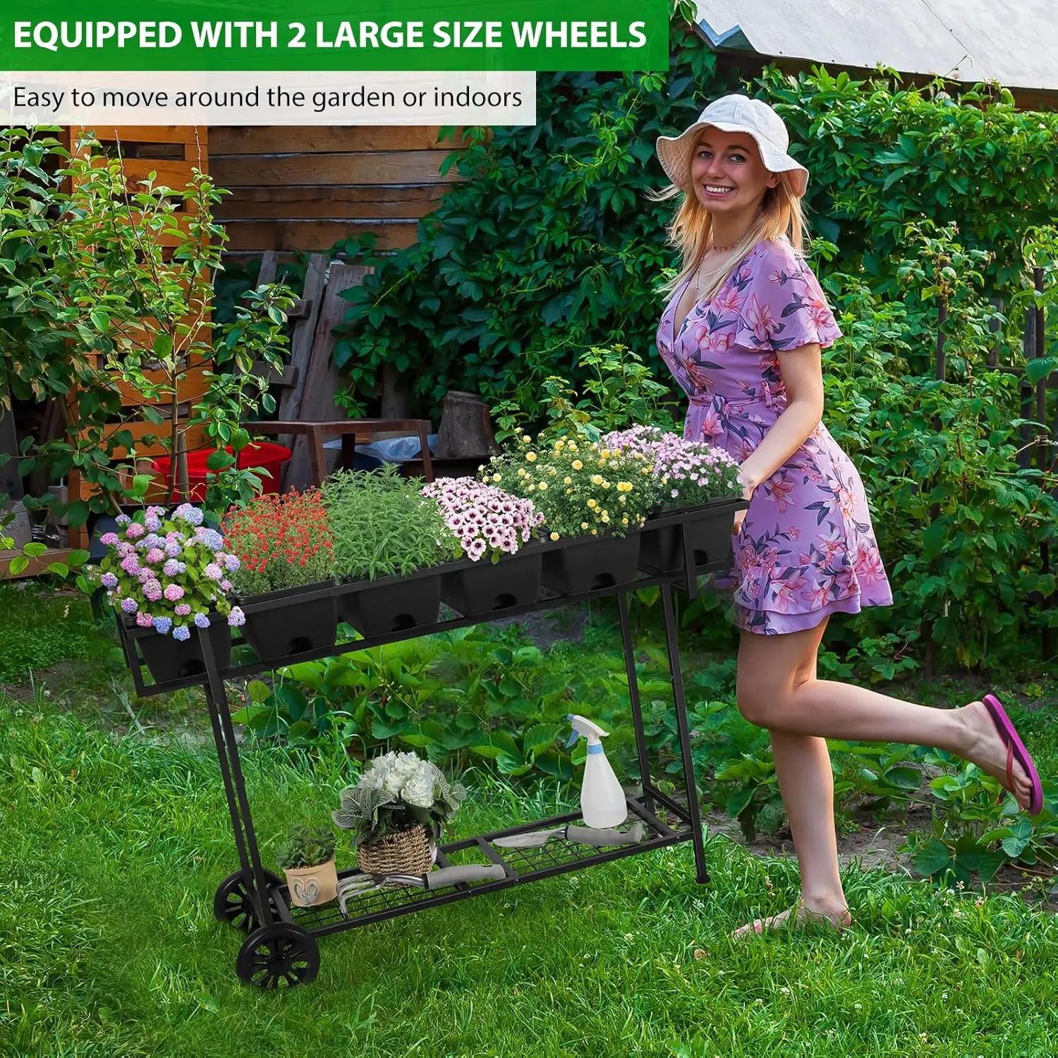 Raised Garden Bed with Legs 43x17x29 in Elevated Planter Box with Storage Shelf and Wheels for Vegetables Herbs Flowers view 5
