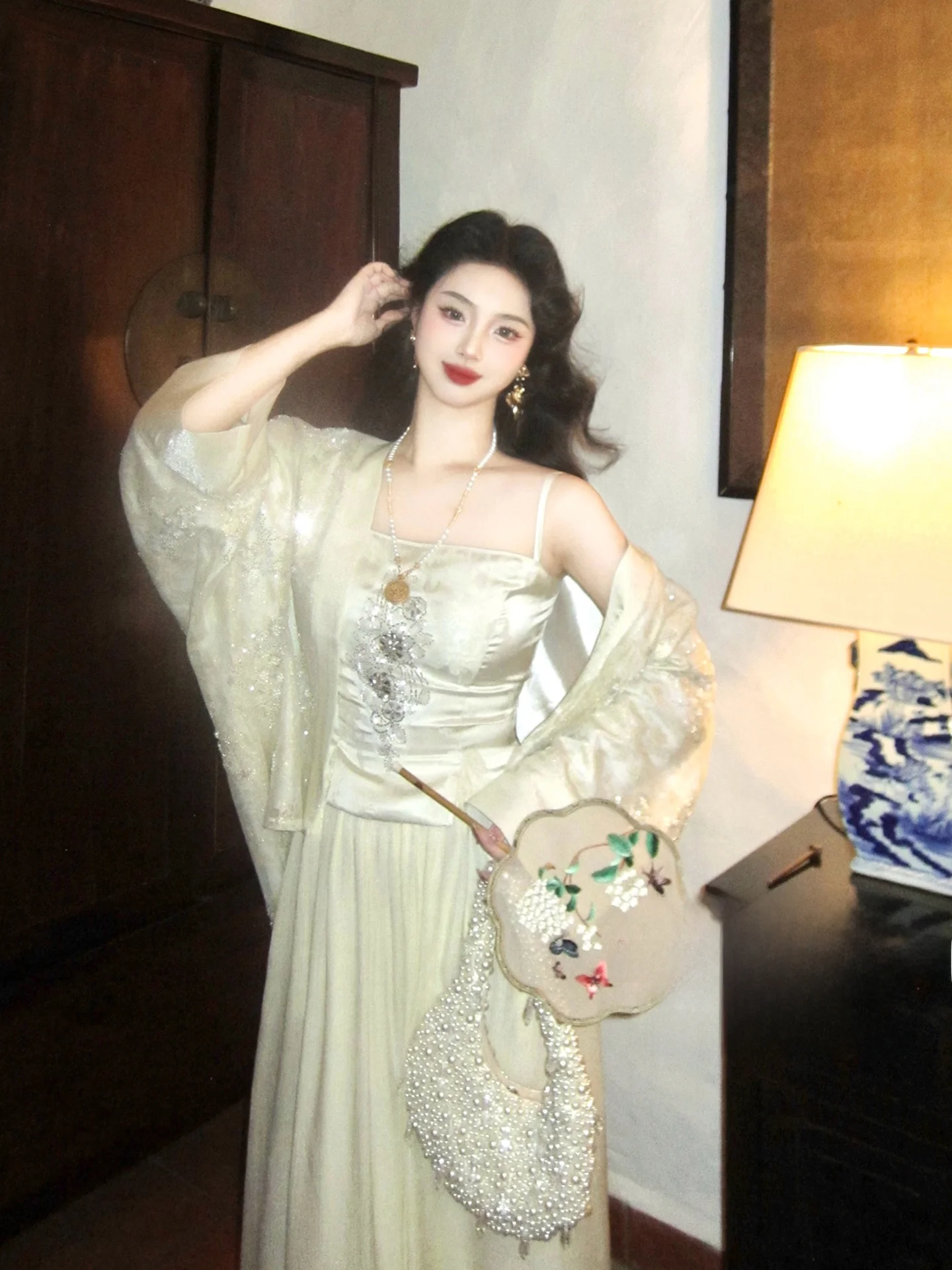 

Lu Jin Chinese Sle Long Open Cardigan with Beads Trimmed Sa Yellowi Gold Loose Fit Long Sve Top for Women