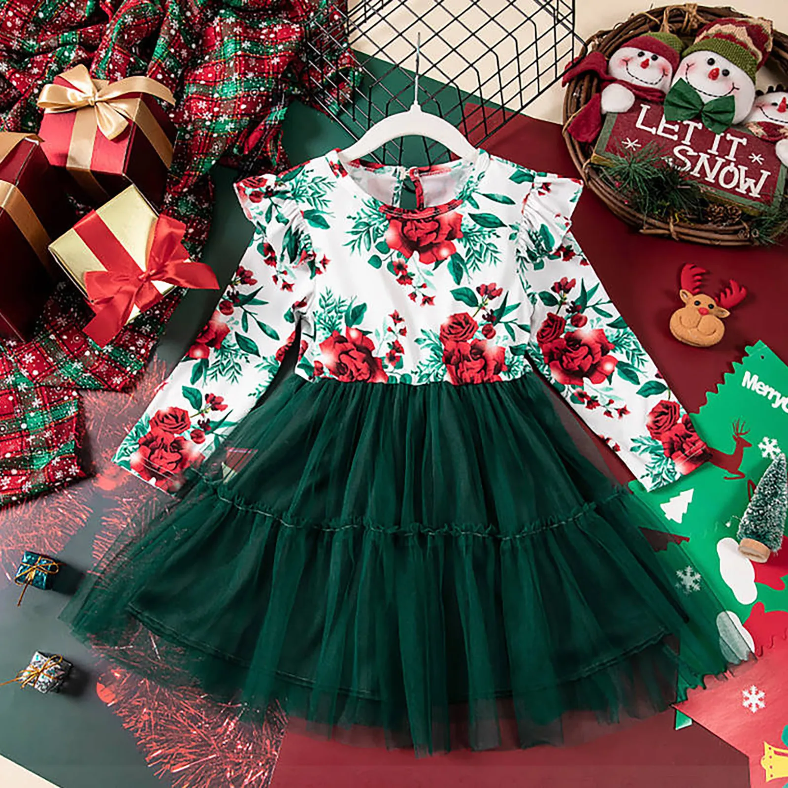 Girls Clothes Rose Floral Print Mesh Puffy Princess Dress Child Long Sleeve Christmas Green Red Dress New Year Xmas Dress 2-7Y