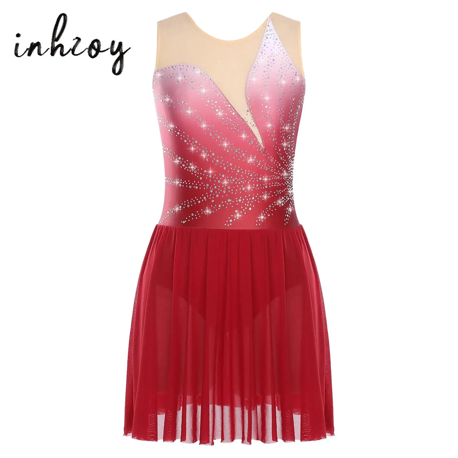 

Women Figure Skating Dress Rhinestones Mesh Patchwork Sleeveless Dress Ballet Lyrical Dance Leotards for Competition Costume