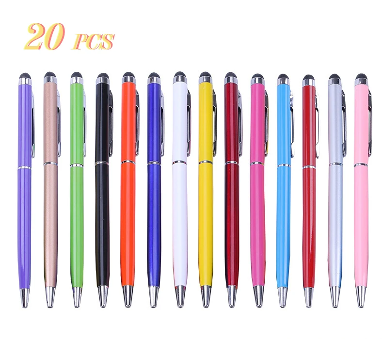 20pcs 14-color Mini Universal Metal Ballpoint Pen Two-in-One Stylus Pen Text Engraving Custom Logo Office School Advertising Pen