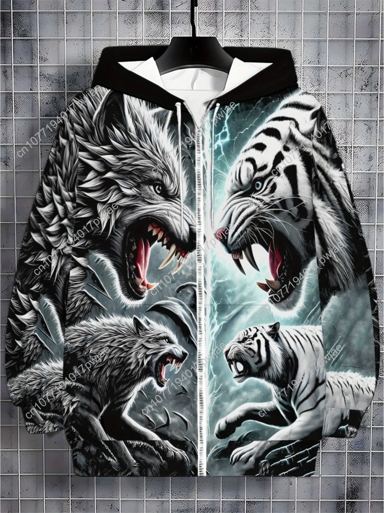 Мужская кепка на молнии с длинными рукавами, спортивная одежда, толстовка с принтом «Волк и тигр» для одежды для гостиной, мягкая полиэфирная ткань, легкая и