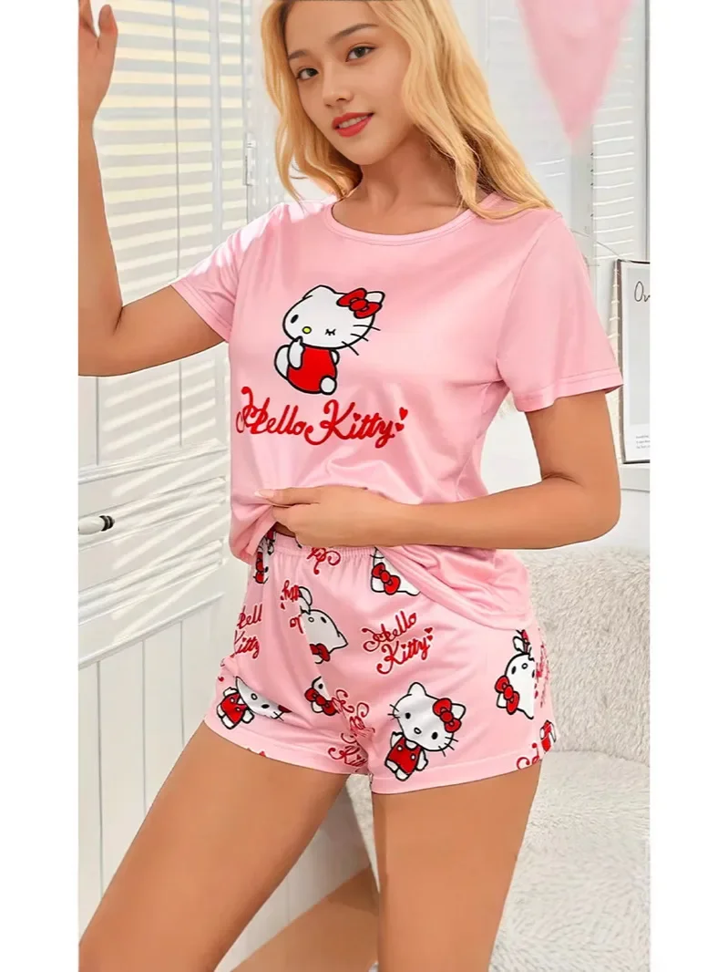 

HelloKitty Women's Short Sleeve Pajama Set - Cartoon Graphic Spring/Fall Homewear Cozy Pink Sleepwear & Loungewear Lightweight